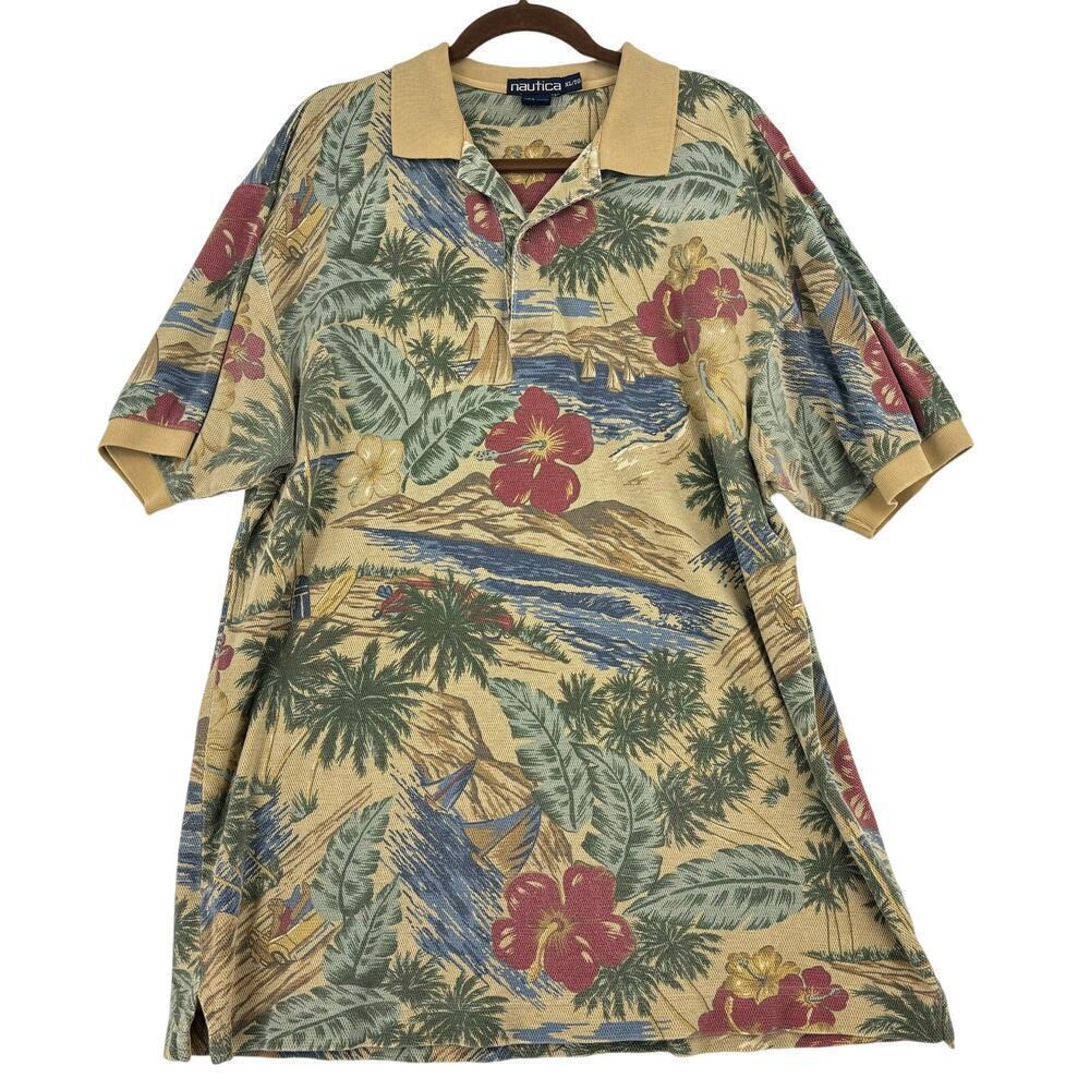 Nautica Hawaiian Polo Shirt Tropical Floral Cotton Stretch Knit Short Sleeve XL